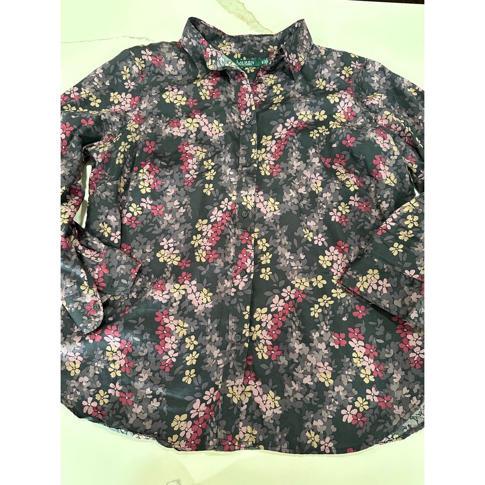 Womens 1X Floral Blouse‎ Ralph Lauren Button Down Shirt Cotton L/S Grey
